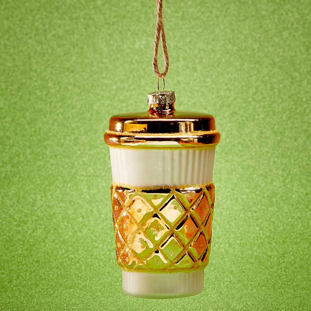 Handcrafted glass coffee cup Christmas tree ornament NWT